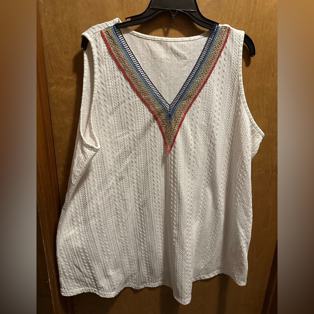White Sleeveless Top with Multicolor Trim